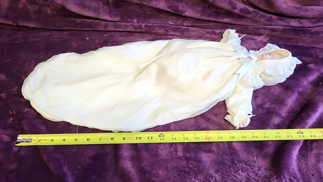 Porcelain Baby Doll In Ivory Christening Gown With Lace Bonnet And Satin Ribbons - 6