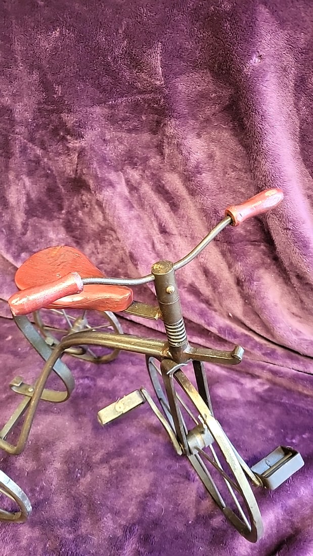 Decorative Metal Tricycle Bicycle Sculpture With Wood Seat And Handles, Made In The Philippines - 2