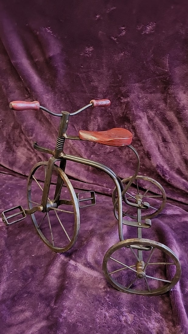 Decorative Metal Tricycle Bicycle Sculpture With Wood Seat And Handles, Made In The Philippines - 6