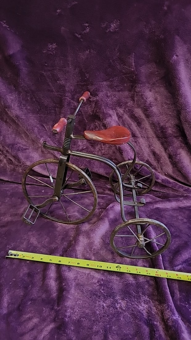 Decorative Metal Tricycle Bicycle Sculpture With Wood Seat And Handles, Made In The Philippines - 7