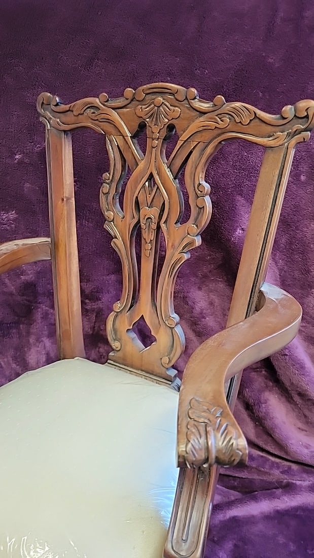 Alam Calamus Carved Wood Armchair With Pierced Back, Scrolled Arms, Ball-and-claw Feet, Cream Uph... - 2