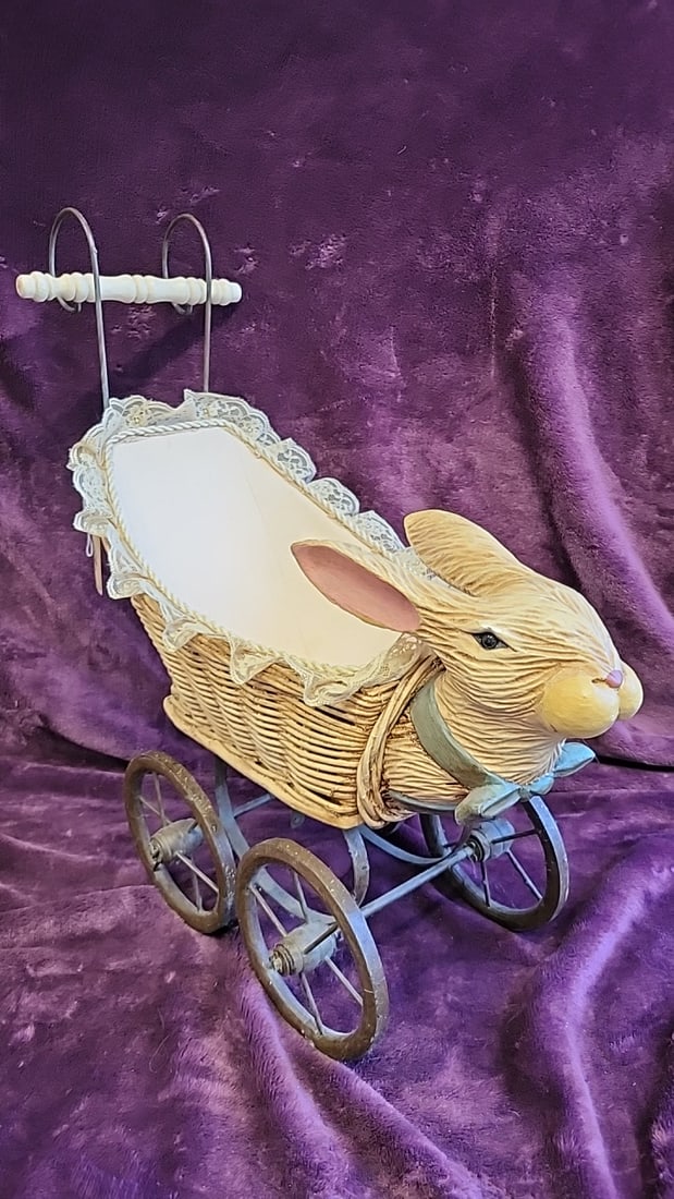 Hand Carved Rabbit Wicker Baby Carriage Pram Decor With Lace Trim Metal Wheels: 24x22x9 5lb we have gained a lot of experience shipping dolls from our previous auction. We offer in-house shipping. The shipping price shown in the listing is the liveshipping service by liveauctione