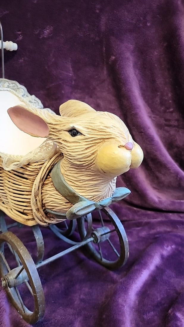 Hand Carved Rabbit Wicker Baby Carriage Pram Decor With Lace Trim Metal Wheels - 2