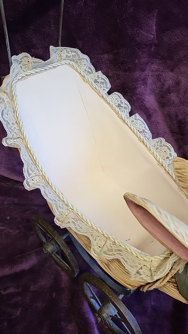 Hand Carved Rabbit Wicker Baby Carriage Pram Decor With Lace Trim Metal Wheels - 3