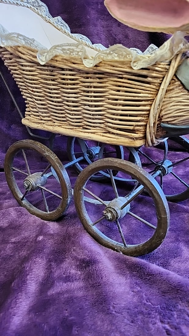 Hand Carved Rabbit Wicker Baby Carriage Pram Decor With Lace Trim Metal Wheels - 4