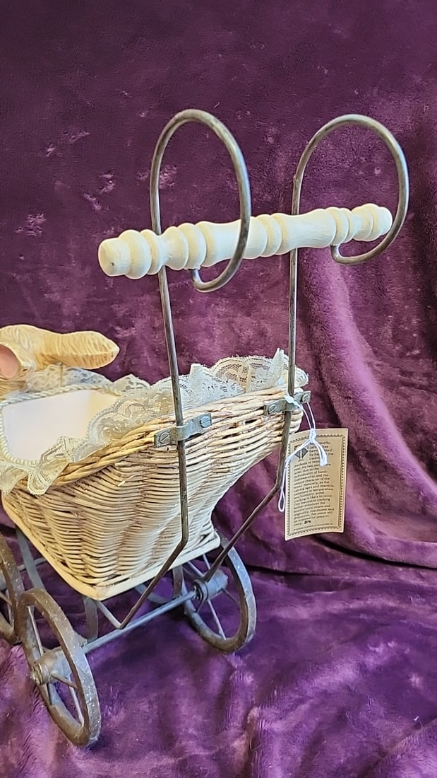 Hand Carved Rabbit Wicker Baby Carriage Pram Decor With Lace Trim Metal Wheels - 7