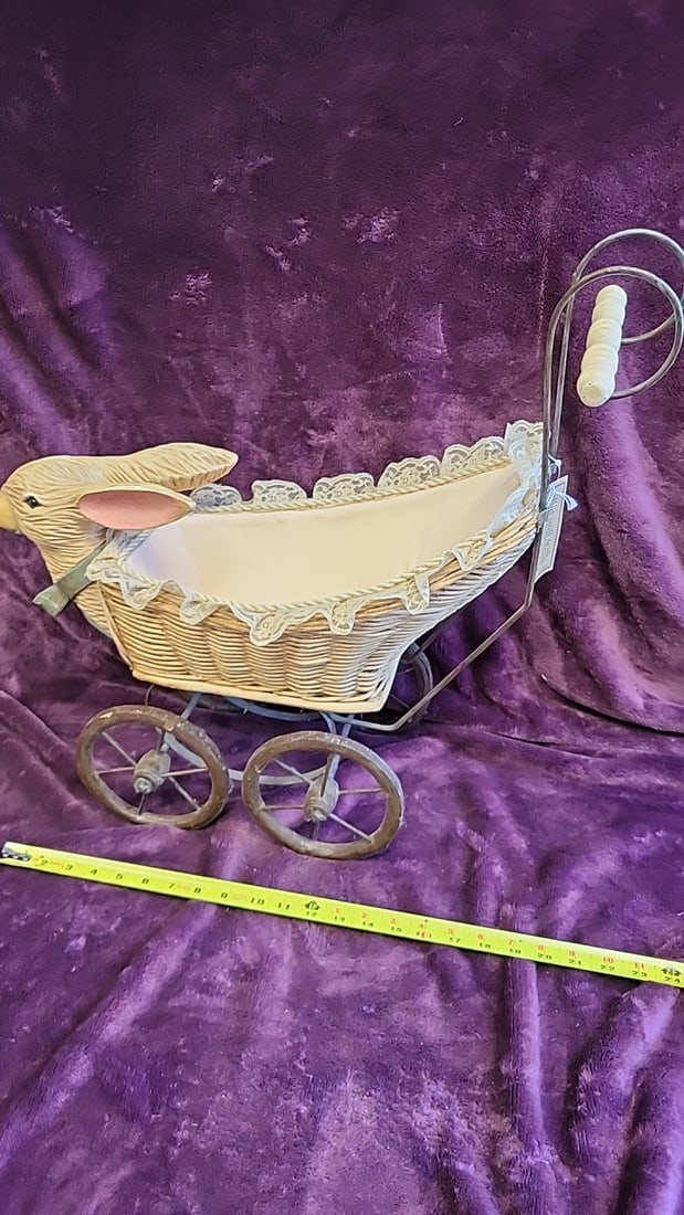 Hand Carved Rabbit Wicker Baby Carriage Pram Decor With Lace Trim Metal Wheels - 8