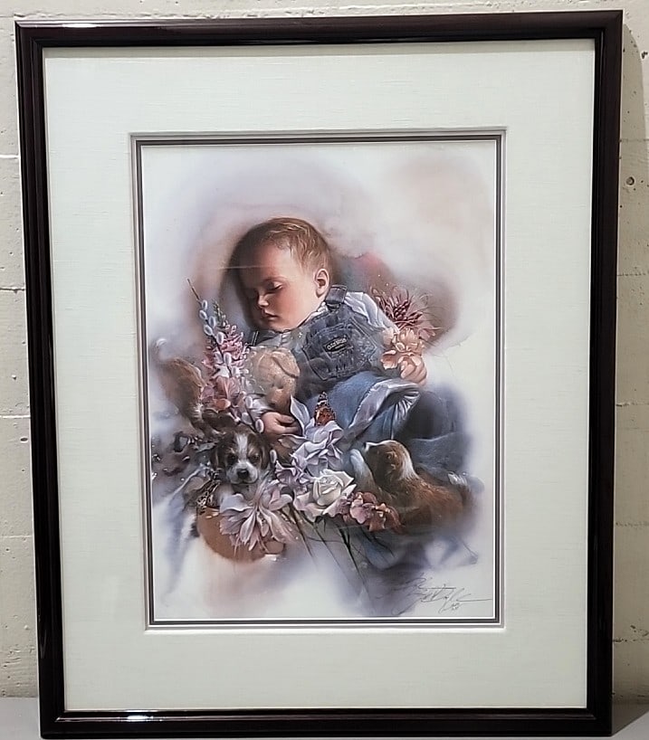 Lee Bogle Sugar Spice And Puppy Dog Tails Signed Numbered Framed Art Print Sleeping Baby With Pup...: 24. 5x30x1 5lb attention – shipping artwork is very expensive. The shipping price shown in the listing is the liveshipping service by liveauctioneers. We offer our own in-house shipping as well 