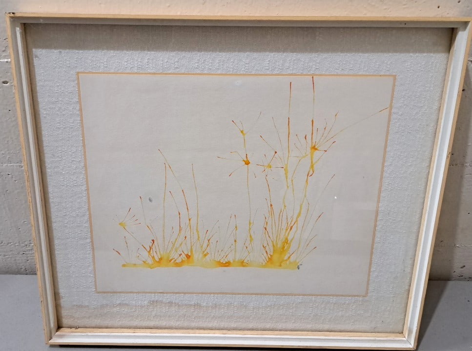 Framed Abstract Watercolor Painting, Yellow Orange Line Composition, Signed '70: Water marks on matt16x19x3 3 attention – shipping artwork is very expensive. The shipping price shown in the listing is the liveshipping service by liveauctioneers. We offer our own in-house shi