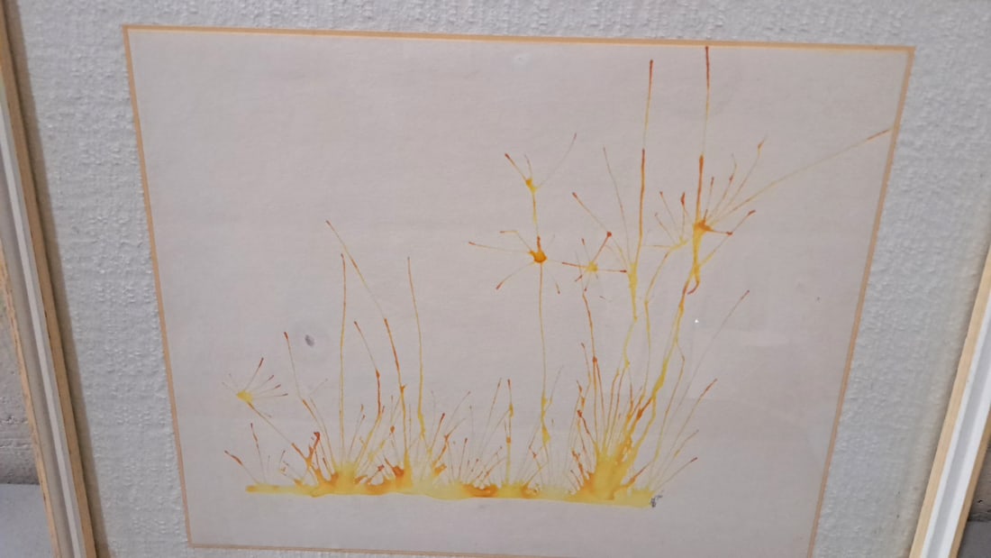 Framed Abstract Watercolor Painting, Yellow Orange Line Composition, Signed '70 - 2