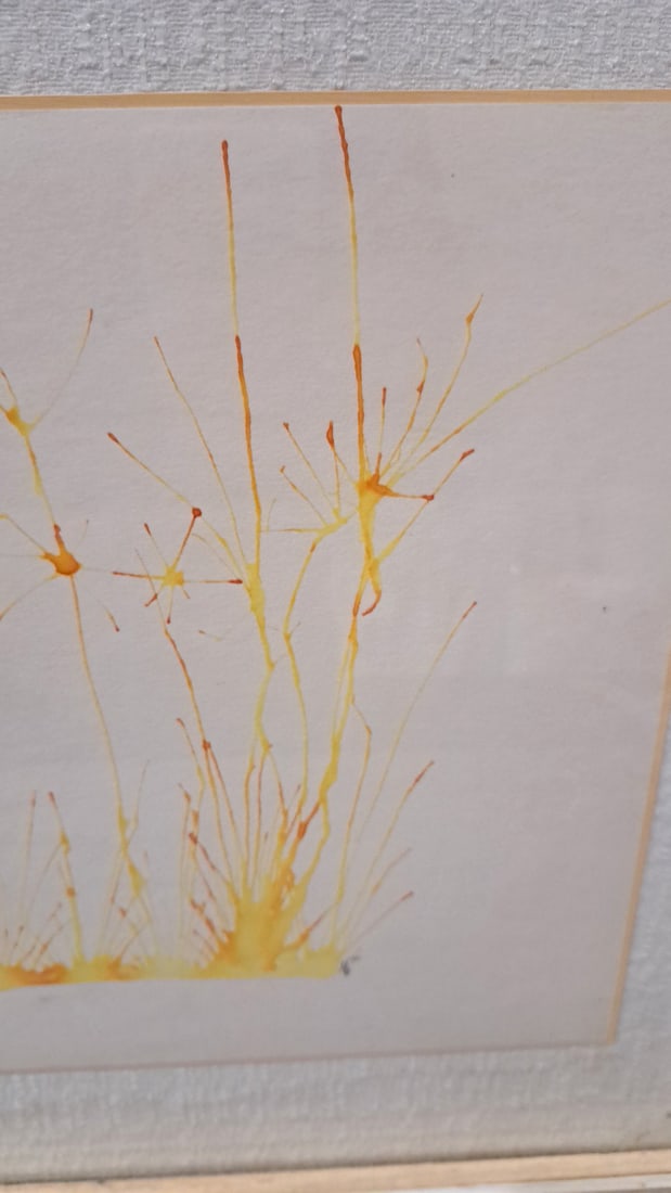 Framed Abstract Watercolor Painting, Yellow Orange Line Composition, Signed '70 - 3