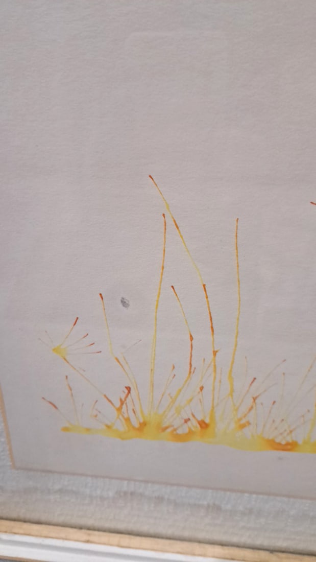 Framed Abstract Watercolor Painting, Yellow Orange Line Composition, Signed '70 - 4
