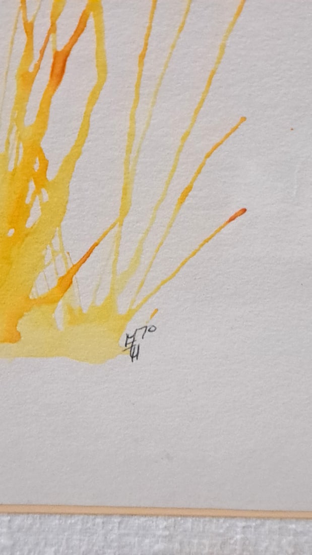Framed Abstract Watercolor Painting, Yellow Orange Line Composition, Signed '70 - 5