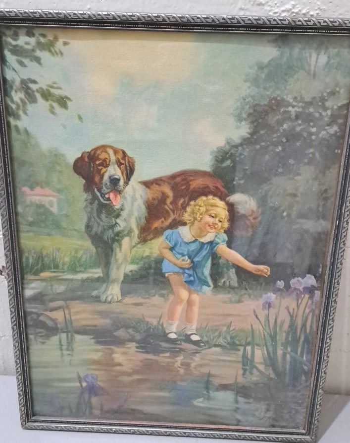 Framed Wall Art Print Girl With Saint Bernard Dog By Pond And Irises: 15 x 20 x 1 3. 5 lb attention – shipping artwork is very expensive. The shipping price shown in the listing is the liveshipping service by liveauctioneers. We offer our own in-house shipping as