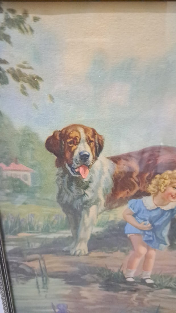 Framed Wall Art Print Girl With Saint Bernard Dog By Pond And Irises - 2