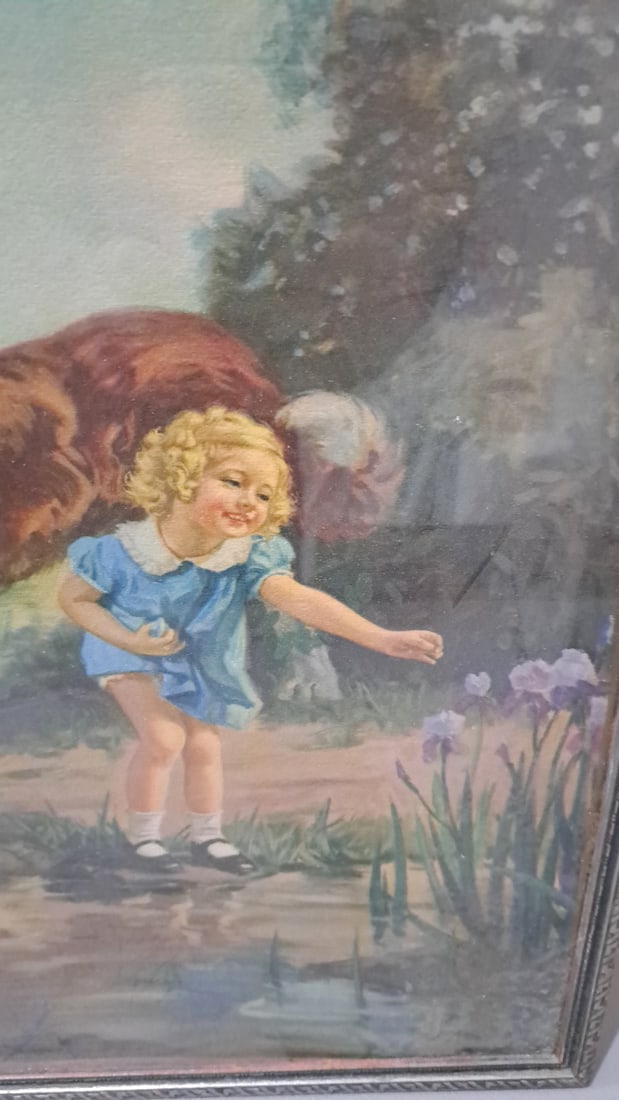 Framed Wall Art Print Girl With Saint Bernard Dog By Pond And Irises - 3