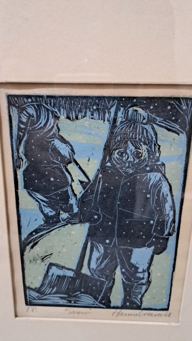 Hanne Greaver Framed Signed Print Snow Winter Children Scene, 1968 - 2