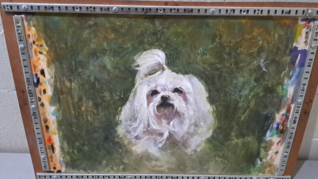 Original Small White Dog Portrait Oil On Board: 27 x 16 x 0. 75 4. 5 lb attention – shipping artwork is very expensive. The shipping price shown in the listing is the liveshipping service by liveauctioneers. We offer our own in-house shipping