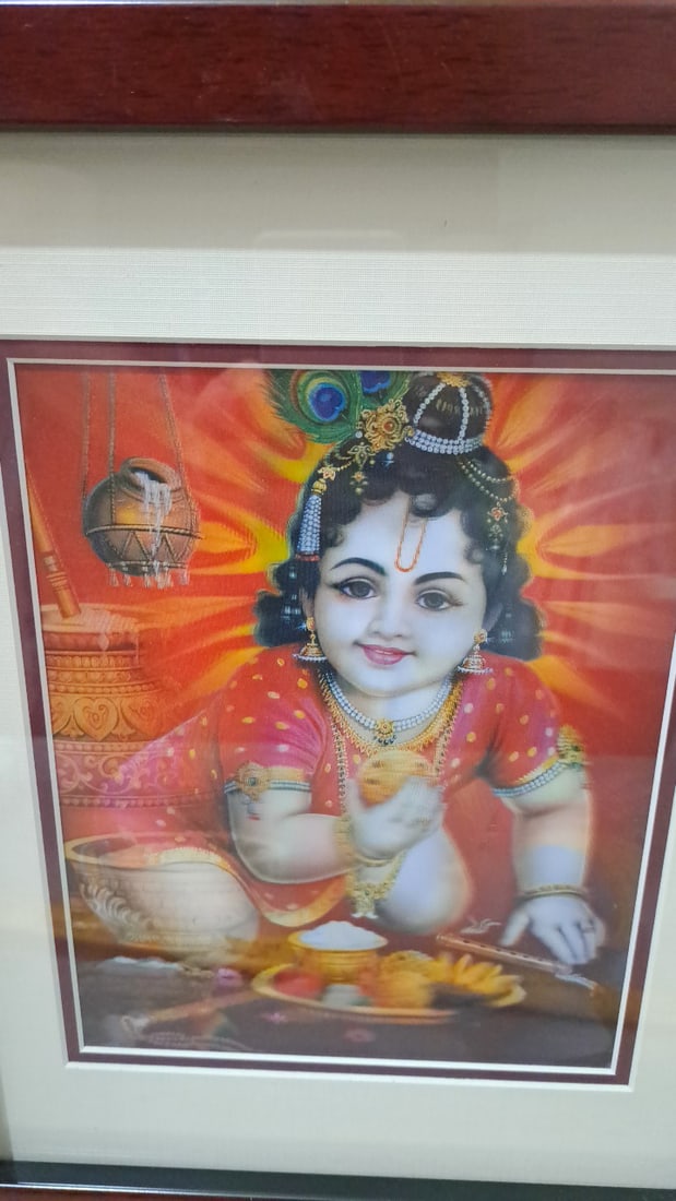 Framed Baby 3d Krishna Hindu Religious Print, Red And Black Frame With Cream Mat - 2