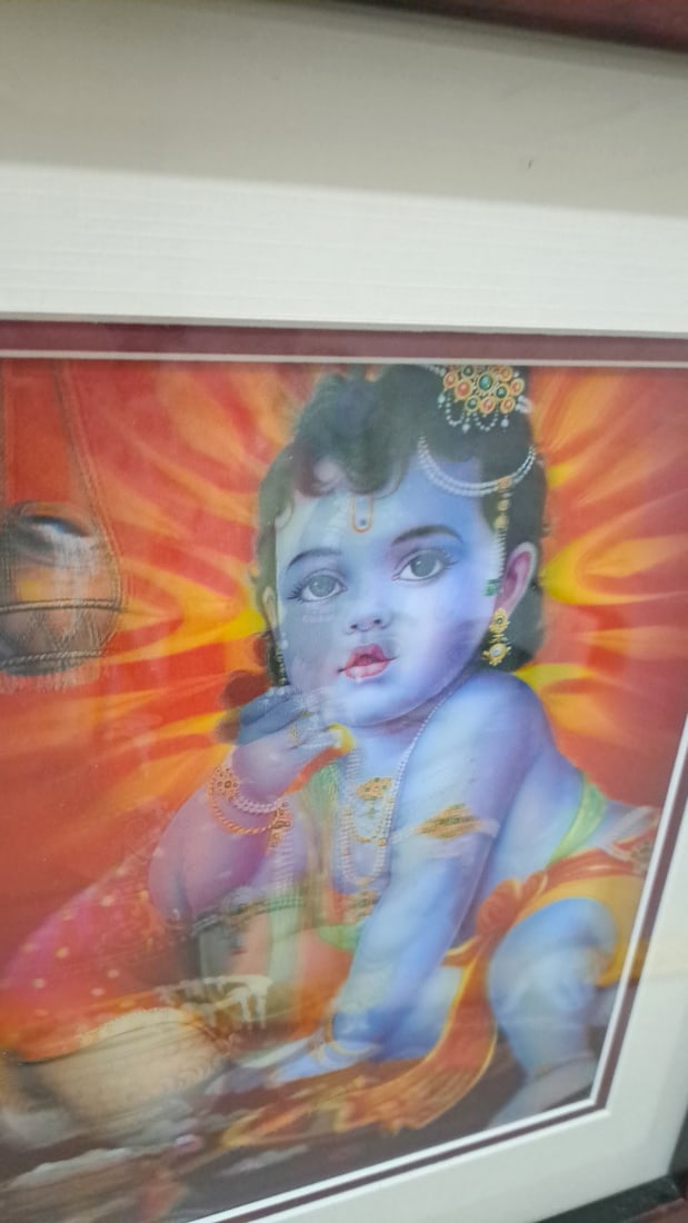 Framed Baby 3d Krishna Hindu Religious Print, Red And Black Frame With Cream Mat - 3
