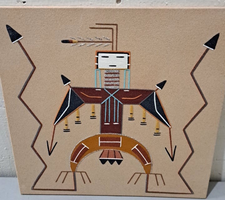Southwestern Sand Art Painting Geometric Figure, Signed Alfredo Watcan, Shiprock Nm: 16 x 16 x 0. 25 1. 5 lb attention – shipping artwork is very expensive. The shipping price shown in the listing is the liveshipping service by liveauctioneers. We offer our own in-house