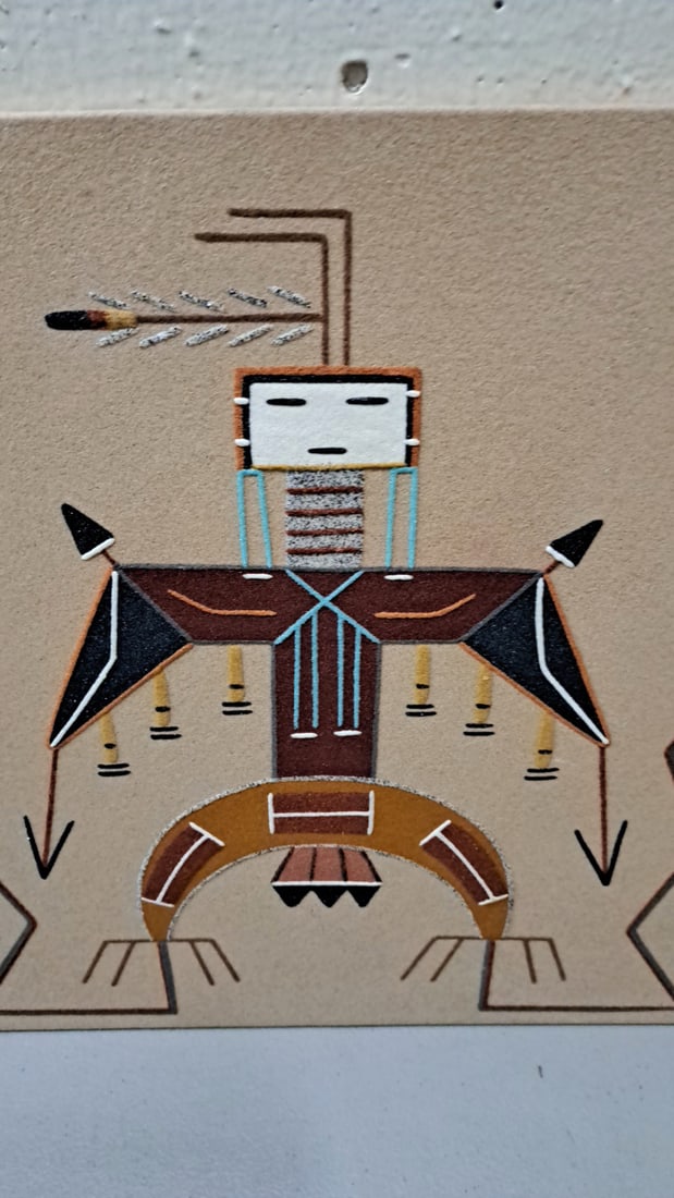 Southwestern Sand Art Painting Geometric Figure, Signed Alfredo Watcan, Shiprock Nm - 2