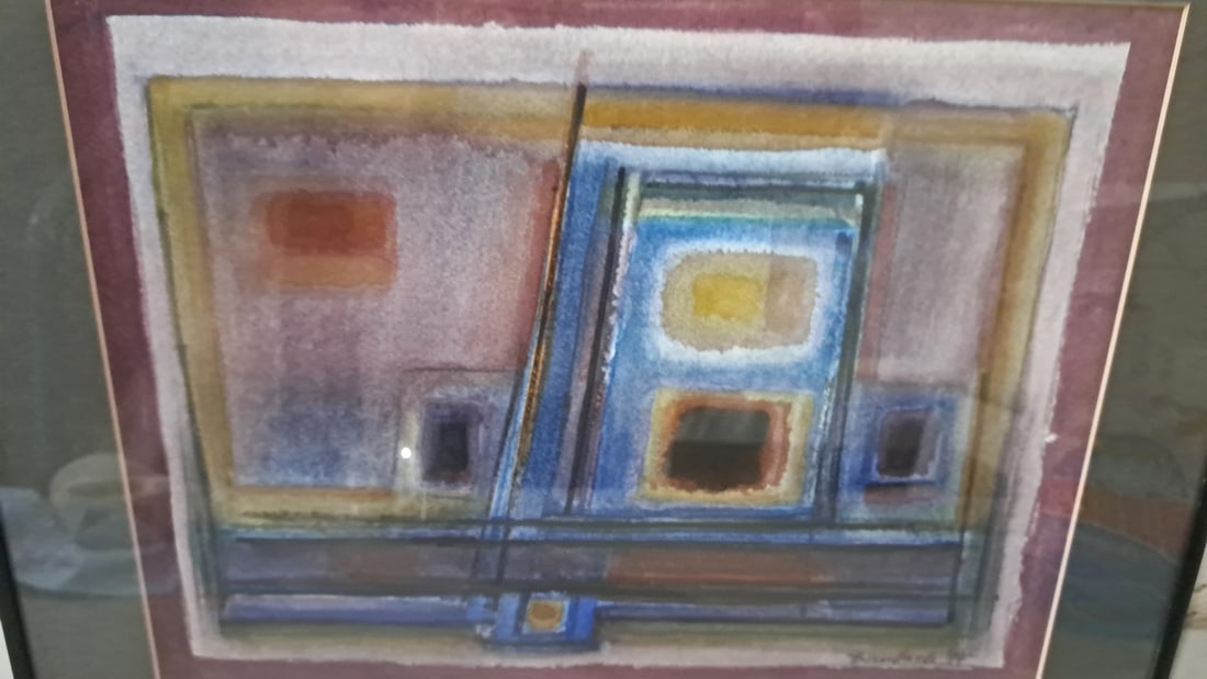 Framed Signed Abstract Watercolor Painting, Geometric Composition, 1994 Original - 2