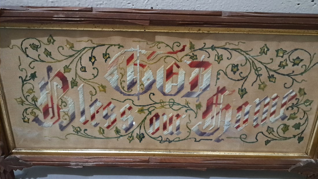 Victorian Punch Paper Motto Sampler "god Bless Our Home" Crossbar Frame - 2