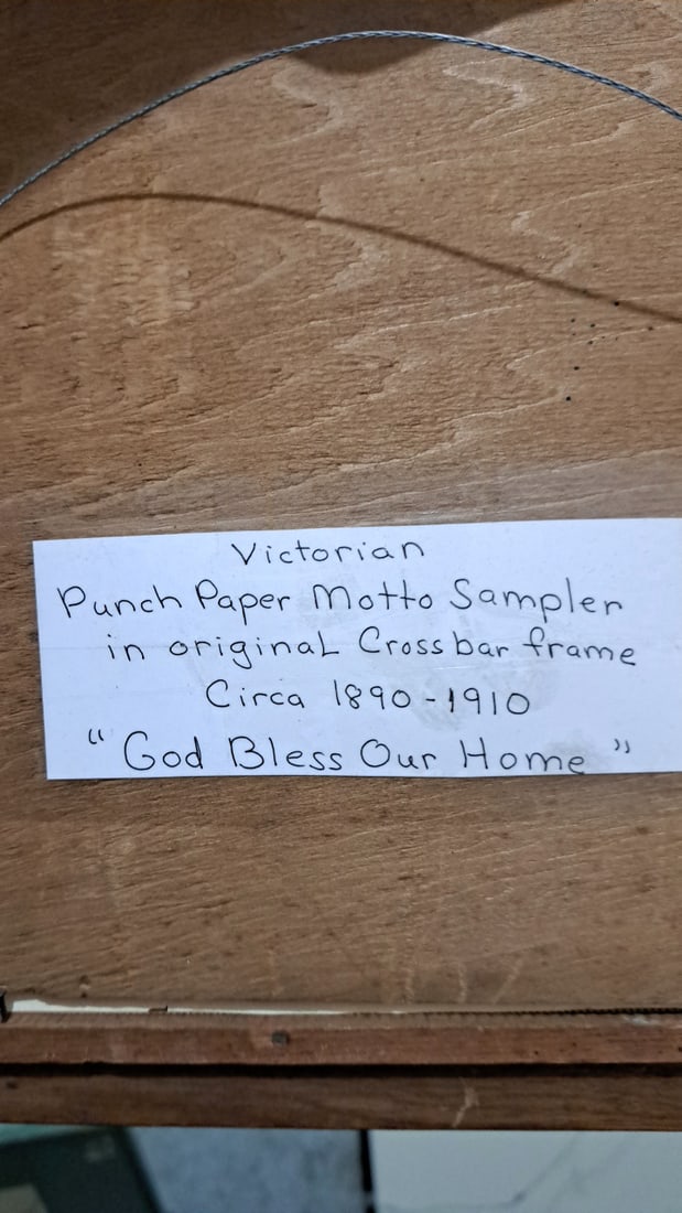 Victorian Punch Paper Motto Sampler "god Bless Our Home" Crossbar Frame - 4