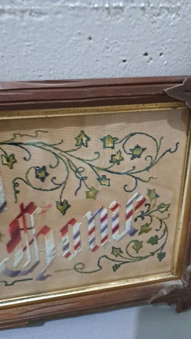 Victorian Punch Paper Motto Sampler "god Bless Our Home" Crossbar Frame - 5