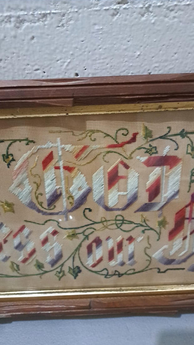 Victorian Punch Paper Motto Sampler "god Bless Our Home" Crossbar Frame - 7