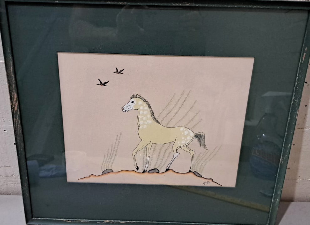 Framed Horse Illustration With Birds, Green Mat, Signed Betiak: 19x21x2 5 attention – shipping artwork is very expensive. The shipping price shown in the listing is the liveshipping service by liveauctioneers. We offer our own in-house shipping as well which