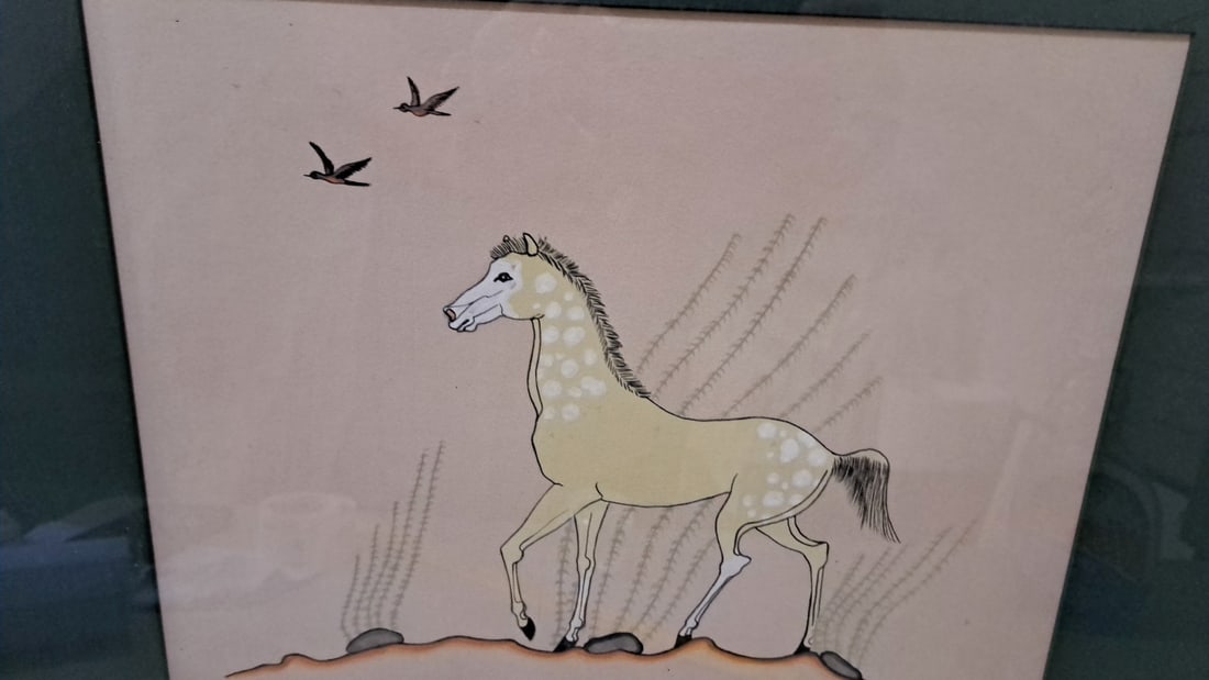 Framed Horse Illustration With Birds, Green Mat, Signed Betiak - 2