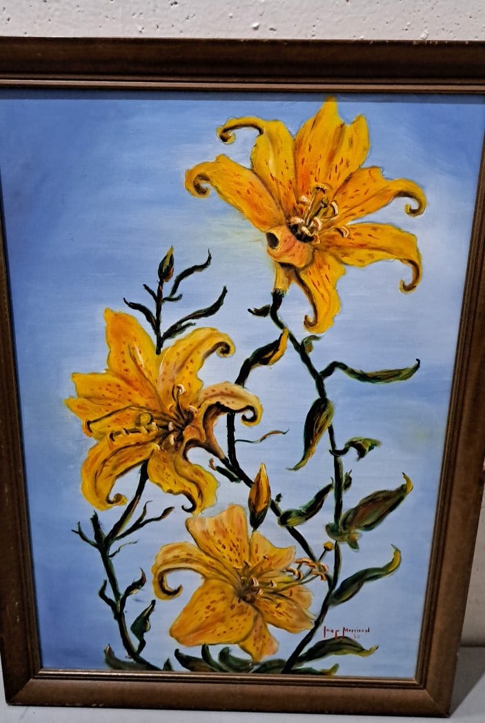 Inez Morrison 1968 Signed Framed Yellow Lily Floral Painting Ool On Board: 27x19x2 5 attention – shipping artwork is very expensive. The shipping price shown in the listing is the liveshipping service by liveauctioneers. We offer our own in-house shipping as well which