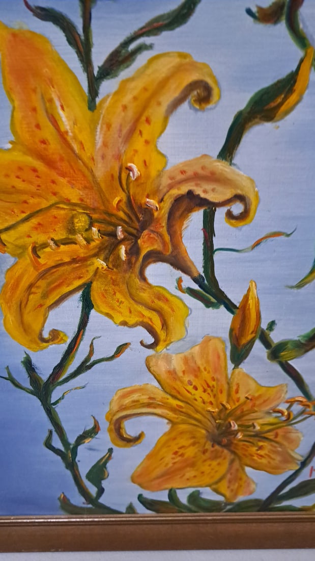 Inez Morrison 1968 Signed Framed Yellow Lily Floral Painting Ool On Board - 3