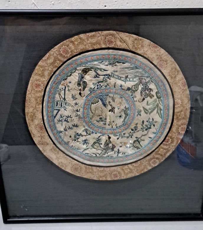 Framed Circular Embroidered Textile With Floral And Figural Design: 20x20x2 5 attention – shipping artwork is very expensive. The shipping price shown in the listing is the liveshipping service by liveauctioneers. We offer our own in-house shipping as well