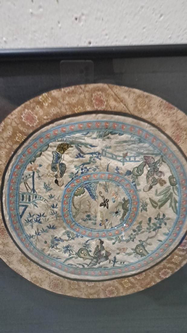 Framed Circular Embroidered Textile With Floral And Figural Design - 2