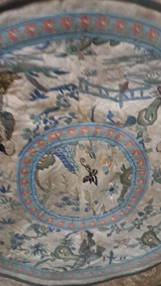 Framed Circular Embroidered Textile With Floral And Figural Design - 3