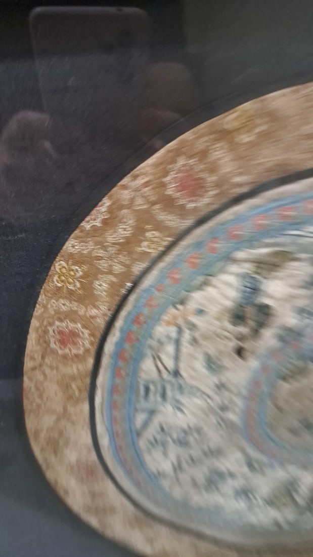 Framed Circular Embroidered Textile With Floral And Figural Design - 4