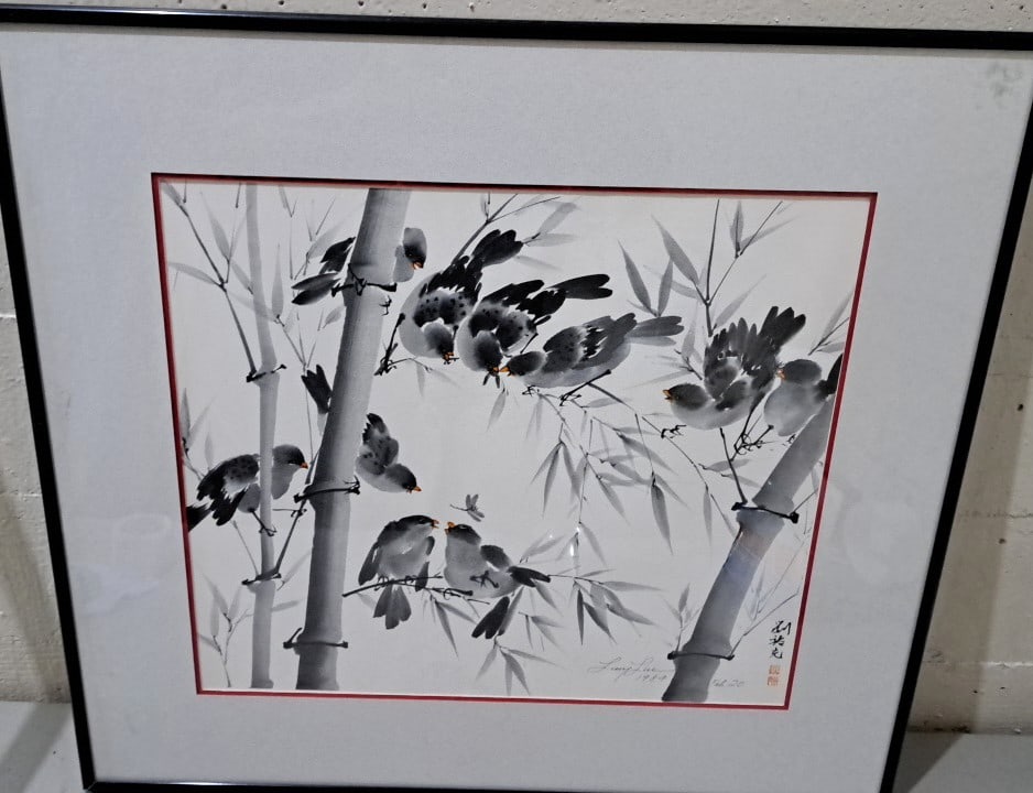 Framed Lucy Lieu 1984 Ink Wash Birds On Bamboo Artwork, Signed Feb. 20: 23x21x2 5 attention – shipping artwork is very expensive. The shipping price shown in the listing is the liveshipping service by liveauctioneers. We offer our own in-house shipping as well which