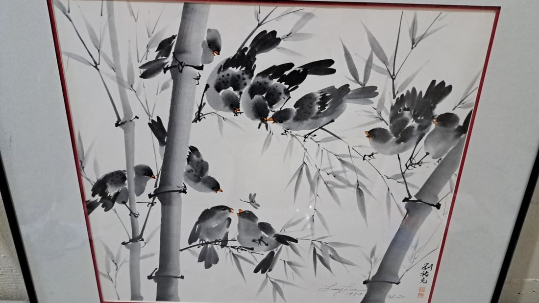 Framed Lucy Lieu 1984 Ink Wash Birds On Bamboo Artwork, Signed Feb. 20 - 2