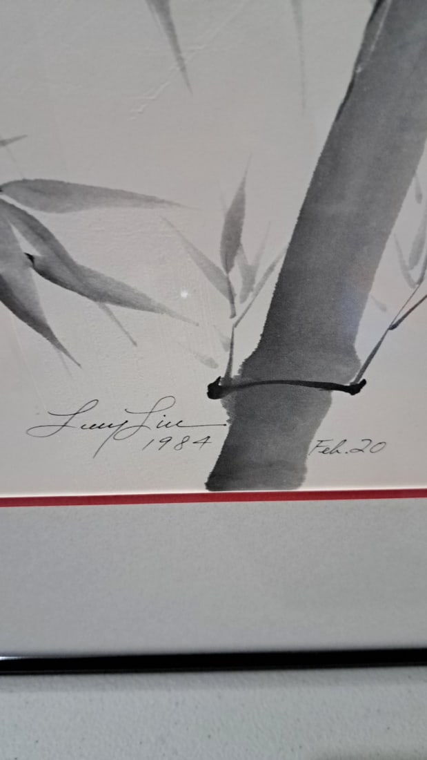 Framed Lucy Lieu 1984 Ink Wash Birds On Bamboo Artwork, Signed Feb. 20 - 3