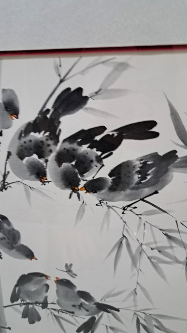 Framed Lucy Lieu 1984 Ink Wash Birds On Bamboo Artwork, Signed Feb. 20 - 5