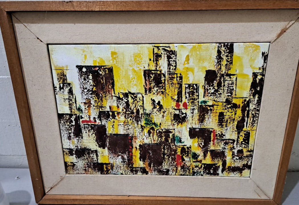 Framed Mcm Abstract Cityscape Painting, Yellow Black, Wood Frame Original: 27x21x3 5 attention – shipping artwork is very expensive. The shipping price shown in the listing is the liveshipping service by liveauctioneers. We offer our own in-house shipping as well
