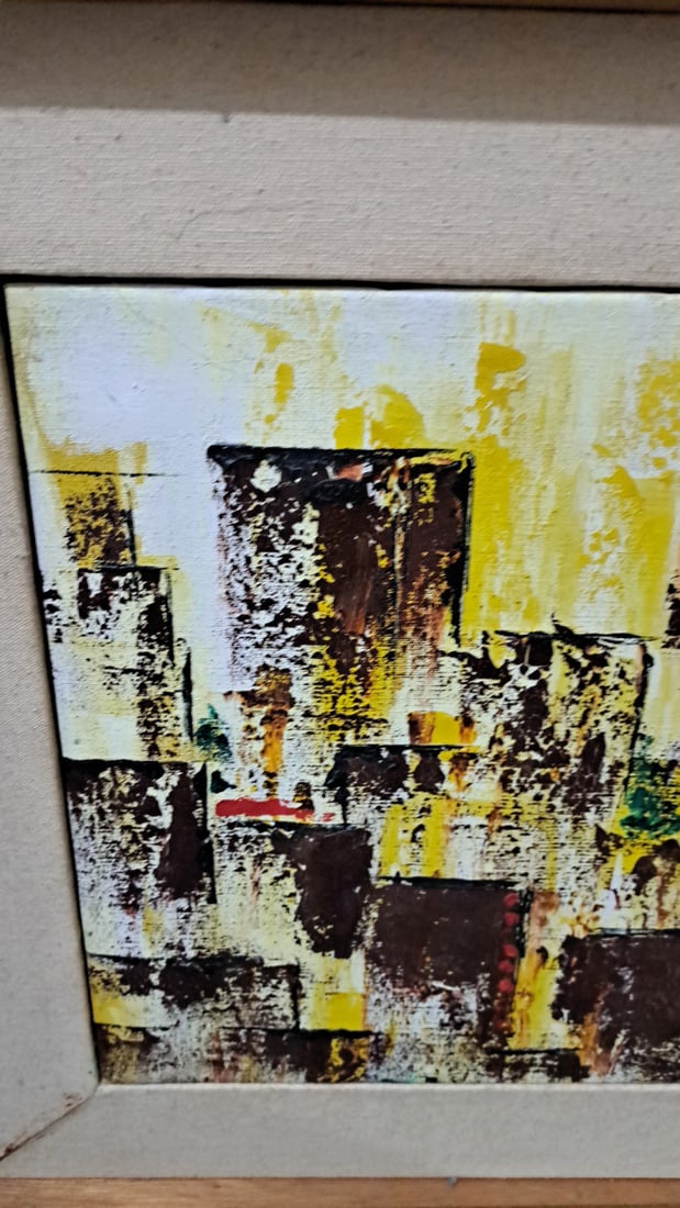Framed Mcm Abstract Cityscape Painting, Yellow Black, Wood Frame Original - 2