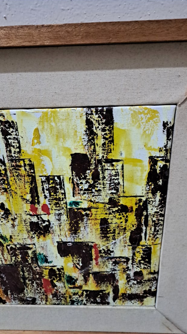 Framed Mcm Abstract Cityscape Painting, Yellow Black, Wood Frame Original - 3