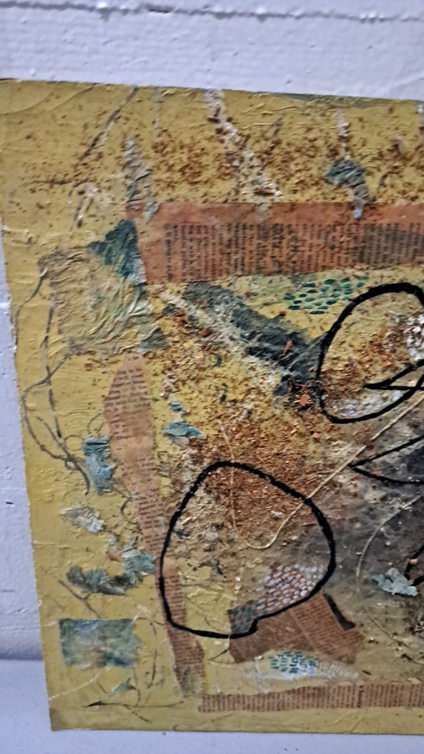 G Kosanovic Signed Abstract Mixed Media Collage Painting, Yellow Brown Black - 2