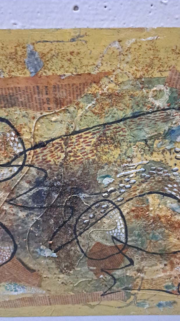 G Kosanovic Signed Abstract Mixed Media Collage Painting, Yellow Brown Black - 3