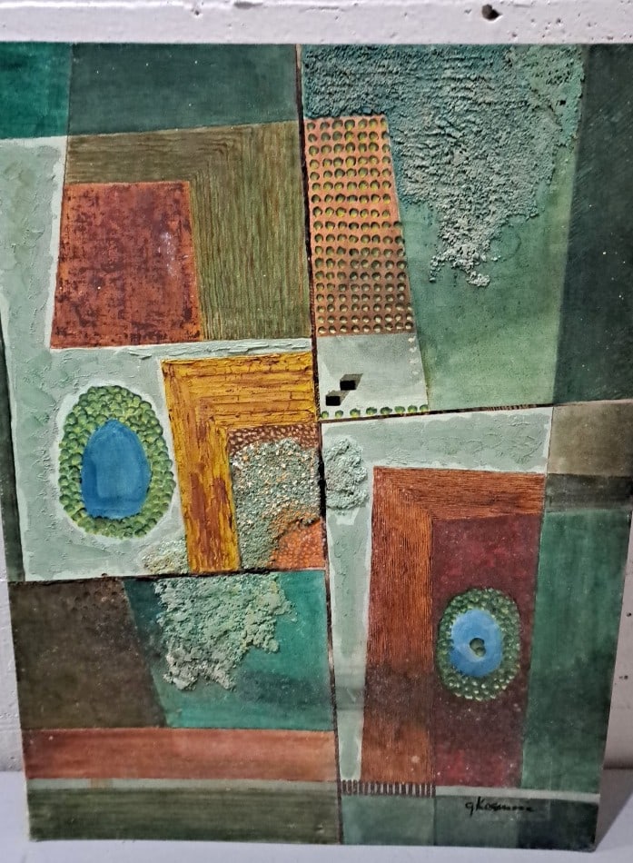 G Kosanovic Abstract Textured Geometric Canvas Painting, Green Brown: 25x18x1 3 attention – shipping artwork is very expensive. The shipping price shown in the listing is the liveshipping service by liveauctioneers. We offer our own in-house shipping as well which