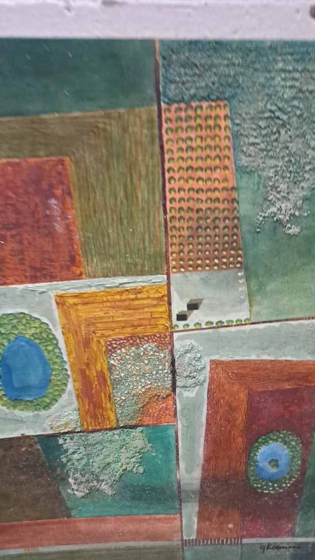 G Kosanovic Abstract Textured Geometric Canvas Painting, Green Brown - 2